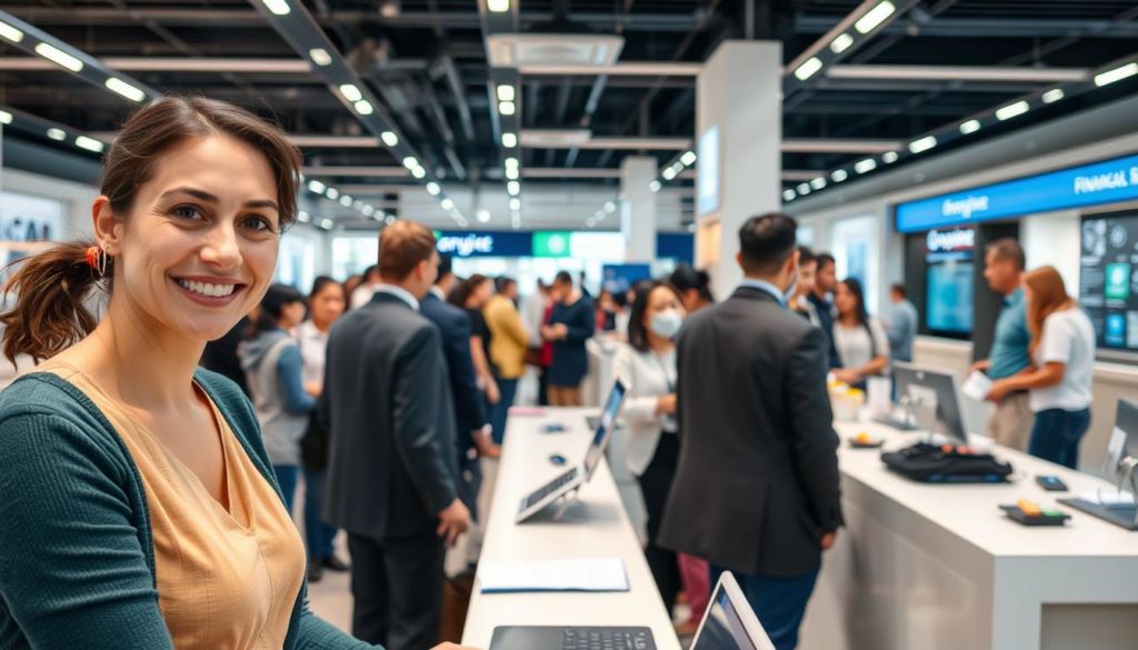 A bustling customer service center in a retail and financial services setting. In the foreground, a smiling customer service representative assists a client with a warm, approachable demeanor. The middle ground features a diverse array of customers, some waiting patiently, others engaged in conversation with staff. The background showcases the sleek, modern aesthetic of the facility, with clean lines, bright lighting, and digital displays. The scene conveys a sense of efficiency, professionalism, and a genuine commitment to providing excellent customer care across different industries.