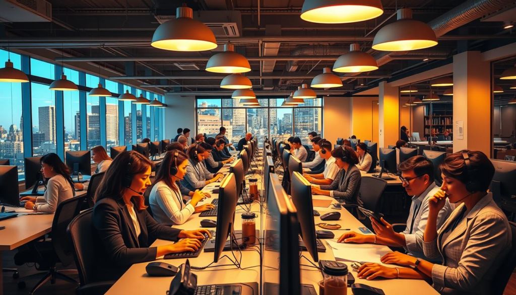 A bustling customer service office, bathed in warm, golden lighting from overhead lamps. A team of attentive representatives, clad in professional attire, engaged in animated discussions with customers via phone, email, and face-to-face interactions. The space is modern and welcoming, with ergonomic workstations, sleek computer monitors, and a sense of efficient productivity. In the background, a vibrant city skyline is visible through large windows, hinting at the wider world that these dedicated professionals serve. The overall atmosphere conveys a commitment to excellence in customer care, with a spirit of collaboration and a genuine desire to assist.