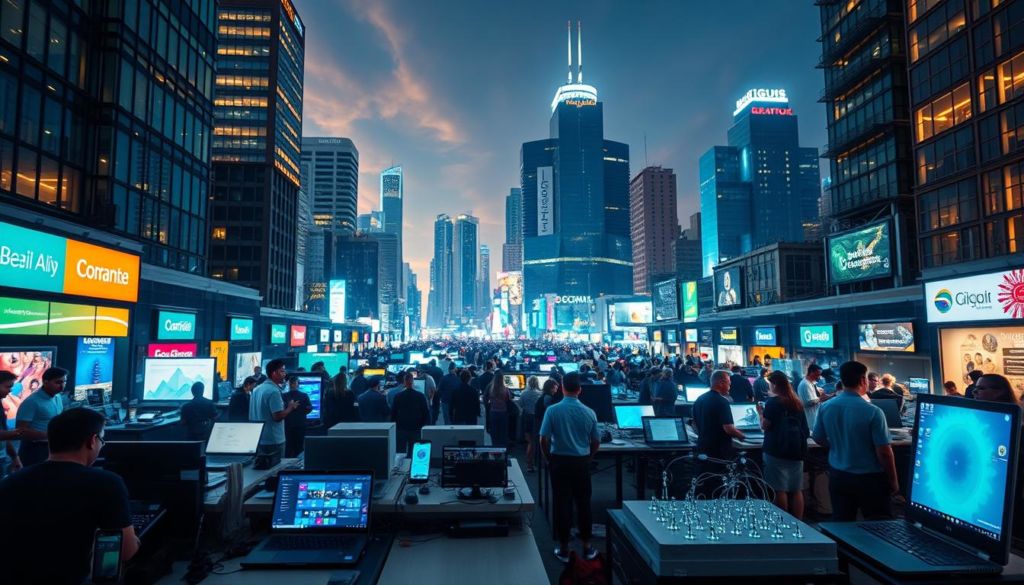 A bustling digital marketplace, illuminated by the glow of technology. In the foreground, a diverse array of digital devices and platforms - laptops, smartphones, tablets, and innovative software solutions. The middle ground showcases a vibrant collection of digital business icons, representing the key players shaping the Brazilian digital landscape. In the background, a dynamic cityscape filled with towering skyscrapers, echoing the rapid growth and transformation of the digital economy. Crisp, high-resolution imagery, captured with a wide-angle lens to convey a sense of scale and interconnectedness. The overall mood is one of energy, innovation, and the boundless potential of the digital era.