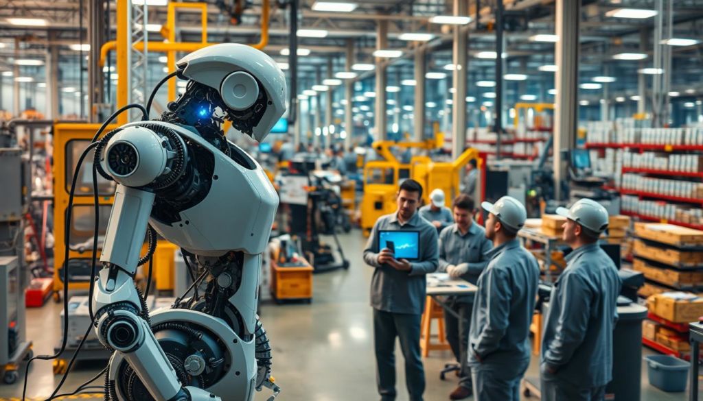 A bustling factory floor, where the seamless integration of cutting-edge technology and skilled human labor creates a symphony of productivity. In the foreground, a team of engineers examines the intricate workings of a sleek, state-of-the-art industrial robot, its precise movements choreographed to maximize efficiency. In the middle ground, technicians monitor a network of connected sensors and data displays, using real-time analytics to optimize the manufacturing process. The background is a panoramic view of the factory, with towering machinery and towering shelves of finished products, all illuminated by a warm, natural lighting that casts a sense of harmony and progress. The overall atmosphere is one of collaborative innovation, where the marriage of human ingenuity and technological prowess unlocks new frontiers of industrial achievement.
