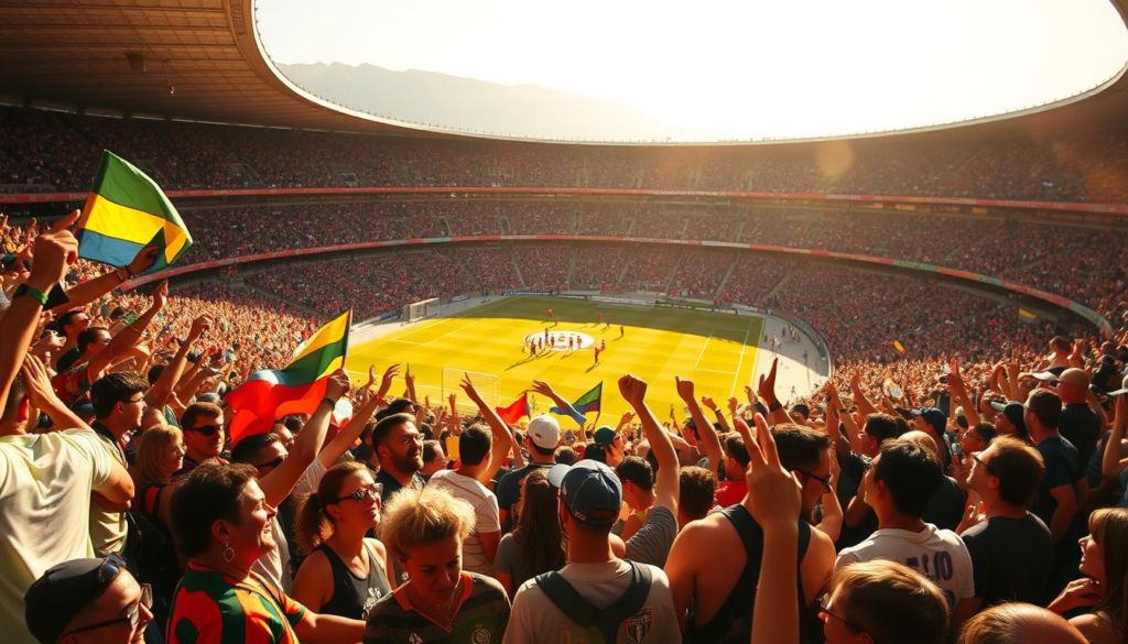 A bustling football stadium on a sunny afternoon, the air thick with anticipation. In the foreground, a group of passionate fans decked out in team colors, their faces painted, waving flags and chanting in unison. The middle ground reveals the pitch, where players engage in a intense match, their skilled maneuvers creating a captivating spectacle. In the background, the sweeping grandstands are filled with cheering supporters, their emotions palpable. The scene is bathed in warm, golden light, lending a sense of energy and excitement to the image. The overall atmosphere conveys the deep connection between the fans and their beloved team, showcasing the true essence of the "Experiência do Torcedor".