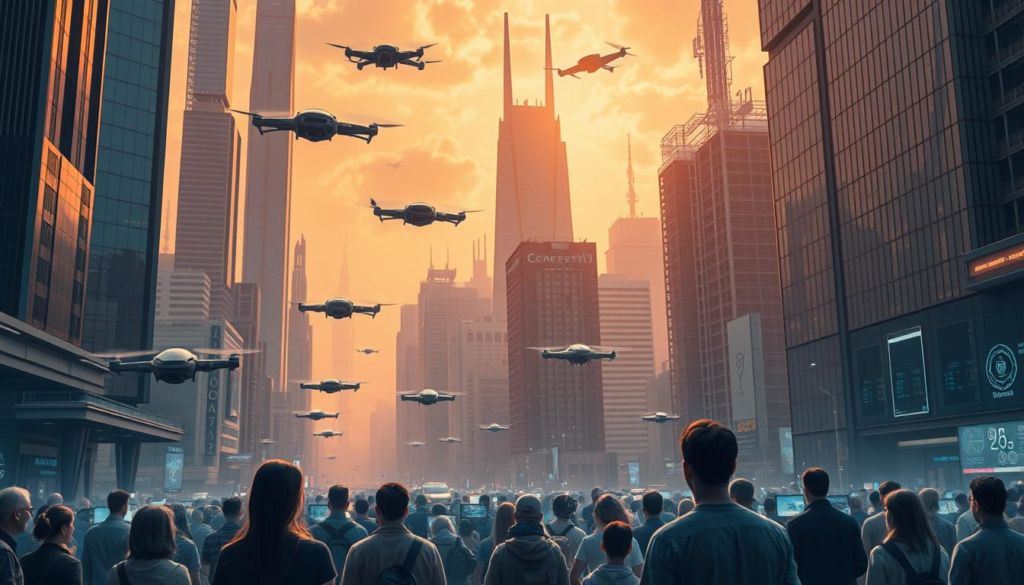 A bustling futuristic cityscape bathed in a warm hue, with sleek skyscrapers and hovering transport pods. In the foreground, a group of people immersed in holographic displays, their expressions a mix of wonder and contemplation. The middle ground features autonomous drones zipping between buildings, while the background is dotted with floating data servers and satellite arrays. The scene conveys a sense of rapid technological progress, where the boundaries between the physical and digital realms have become increasingly blurred, hinting at the profound impact of Web 4.0 on society.