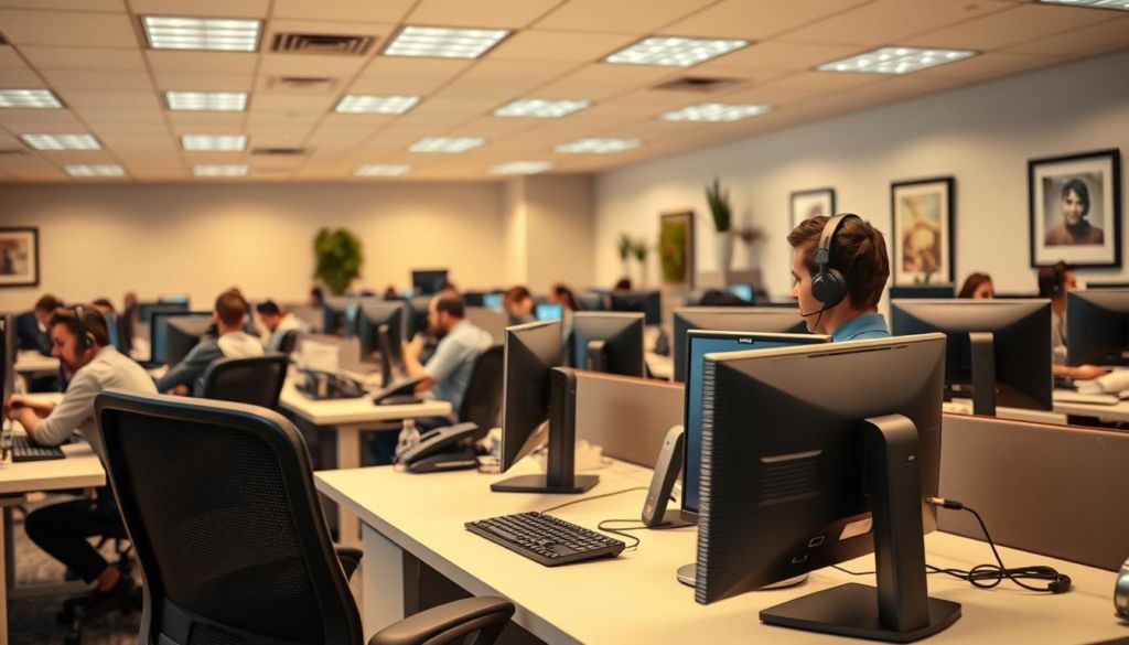 A bustling inbound call center, with rows of desk setups and headset-wearing agents handling customer inquiries. The room is bathed in a warm, professional glow from recessed lighting, creating a focused atmosphere. In the foreground, a modern ergonomic chair and a clutter-free desk with a sleek desktop computer setup. In the middle ground, multiple monitors and desk phones, conveying the efficient, data-driven nature of the operations. The background features neutral-toned walls, complemented by potted plants and framed artwork, suggesting a comfortable, inviting workspace. The overall scene exudes a sense of productivity, customer service, and technical expertise.
