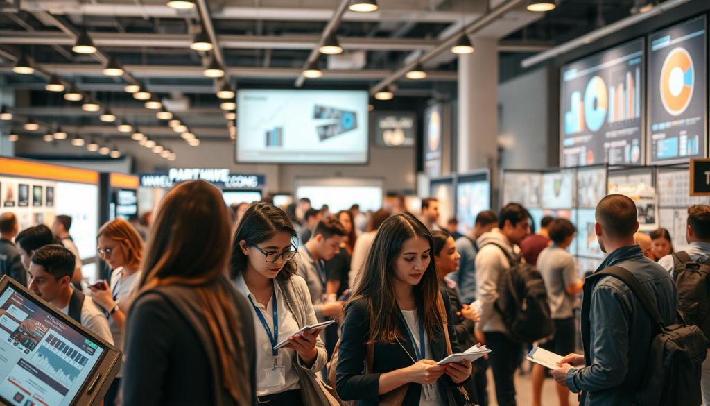 A bustling market scene, showcasing the diverse applications of market research. In the foreground, a group of focused consumers engage with interactive displays, evaluating products and services. Midground, researchers meticulously take notes, observing behavior and gathering insights. The background features a modern office setting, with data visualizations and charts projected onto the walls, illuminating the analytical power of market research. Warm, diffused lighting casts a professional, collaborative atmosphere, underscoring the value of market research in driving business decisions. Captured through a wide-angle lens, the scene conveys the comprehensive scope and real-world impact of market research.