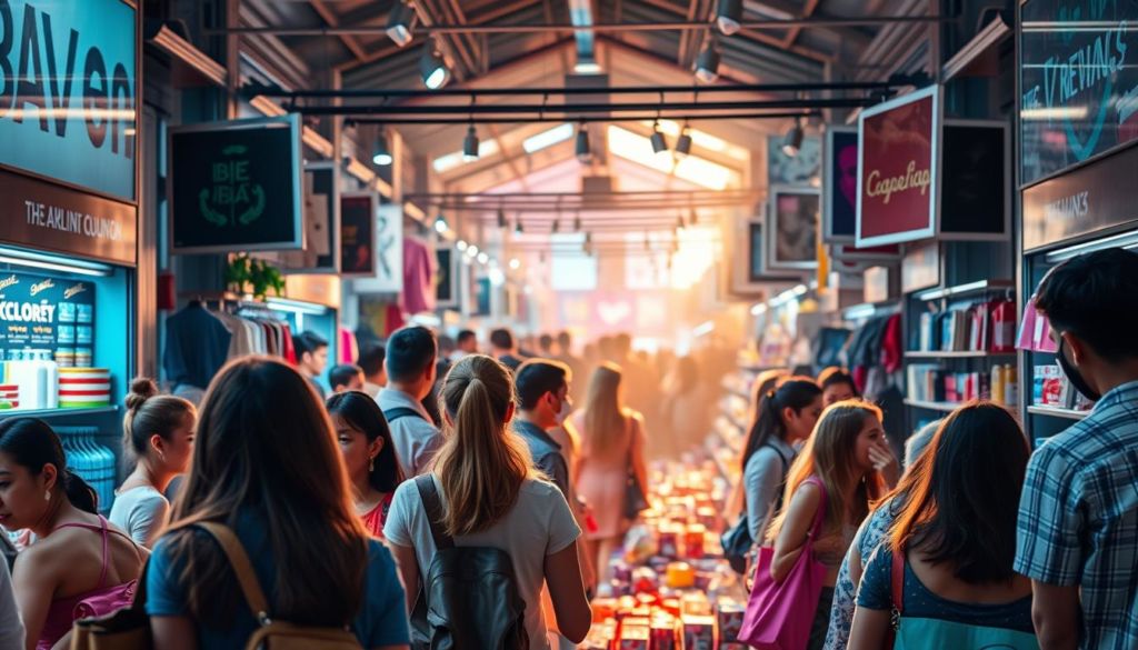 A bustling marketplace, consumers enveloped in a sea of influencer-driven decisions. In the foreground, a group of shoppers captivated by the allure of a social media personality's recommendation, their purchases guided by the power of persuasion. The middle ground reveals a diverse array of products, each meticulously curated to cater to the influencer's aesthetic. The background showcases a vibrant, visually stunning environment, with natural lighting casting a warm glow, drawing the eye towards the scene of consumerism and influence. A striking representation of the impactful role influencers play in shaping purchasing behavior.
