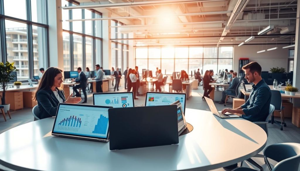 A bustling modern office, bathed in warm natural light streaming through large windows. In the foreground, a group of professionals collaborating around a sleek circular conference table, gesturing animatedly as they discuss data visualization dashboards displayed on their laptops. In the middle ground, teams of colleagues work intently at their standing desks, seamlessly sharing information across departments. The background reveals an open, airy workspace with minimalist decor, conveying a sense of efficiency and connectivity. The overall atmosphere is one of productivity, engagement, and the successful elimination of data silos through transparent, cross-functional workflows.