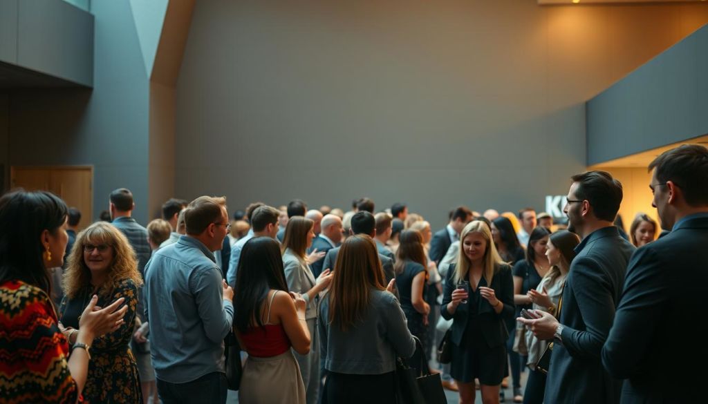 A bustling networking event for para designers, captured in a dynamic, cinematic style. In the foreground, a group of diverse designers engage in animated conversations, their vibrant outfits and gestures creating a sense of energy and connection. In the middle ground, a mix of professionals and industry representatives mingle, exchanging business cards and ideas under the warm glow of strategically placed lighting. The background features a modern, geometric architectural setting, with clean lines and muted tones that provide a sleek, sophisticated backdrop for the scene. The overall mood is one of collaboration, opportunity, and the excitement of creative professionals coming together to cultivate new possibilities.