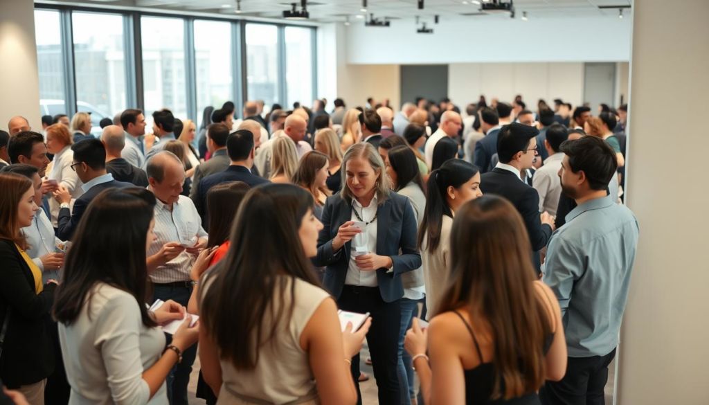 A bustling networking event in a modern, well-lit office space. In the foreground, a group of professionals engaged in lively conversations, exchanging business cards and handshakes. Diverse attire and body language convey a collaborative, vibrant atmosphere. The middle ground features clusters of people mingling, animatedly discussing new ideas and opportunities. In the background, a sleek, minimalist decor with large windows allowing natural light to flow in, creating a sense of openness and connectivity. The lighting is soft, yet focused, highlighting the interactions and fostering an environment conducive to professional growth and exchange.