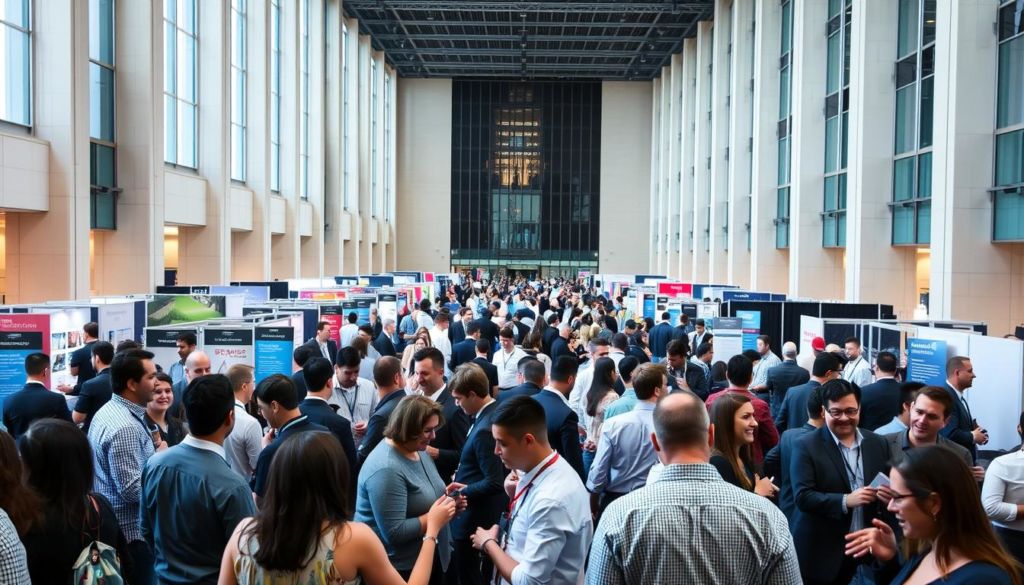 A bustling networking event in a well-lit convention hall, with attendees mingling and conversing animatedly. The foreground features a diverse group of professionals engaged in lively discussions, gesturing and exchanging business cards. The middle ground showcases vendor booths adorned with colorful banners and displays, while the background depicts the grand, modern architecture of the venue, complete with high ceilings and large windows allowing natural light to flood the space. The atmosphere is one of energetic collaboration, as the attendees forge new connections and explore potential business opportunities.