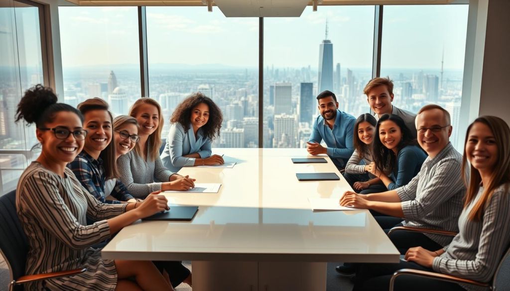 A bustling office environment with vibrant energy and a strong sense of teamwork. In the foreground, a group of diverse employees collaborating at a sleek, modern conference table, their faces alight with enthusiasm. Behind them, a panoramic window offers a breathtaking city skyline, symbolizing the boundless opportunities fostered by a thriving organizational culture. The lighting is warm and natural, casting a glow of productivity and camaraderie. The scene conveys a palpable sense of purpose, innovation, and mutual support - the hallmarks of a beneficial, well-established corporate culture.