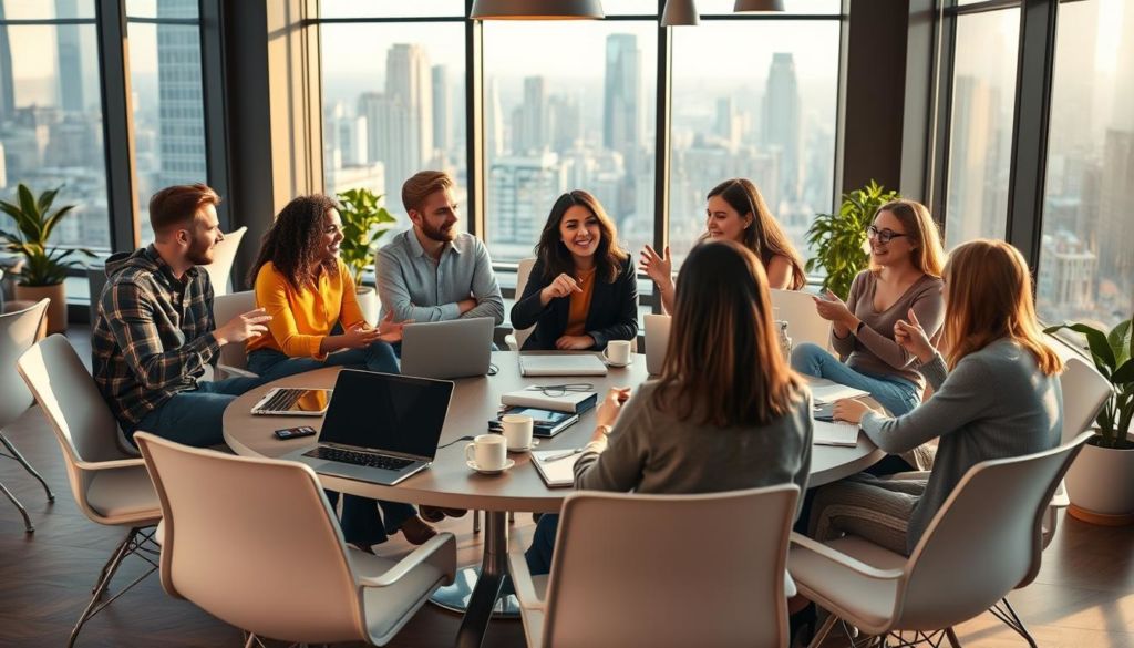 A bustling office interior with a group of young, vibrant influencers engaged in a lively collaboration meeting. The foreground features a circular conference table surrounded by modern, minimalist chairs, with various laptops, notepads, and coffee mugs scattered across the surface. In the middle ground, the influencers sit together, gesturing animatedly and exchanging ideas, their expressions filled with enthusiasm. The background showcases large windows overlooking a cityscape, casting warm, natural lighting throughout the space. The overall atmosphere conveys a sense of productivity, synergy, and a forward-thinking, innovative mindset.