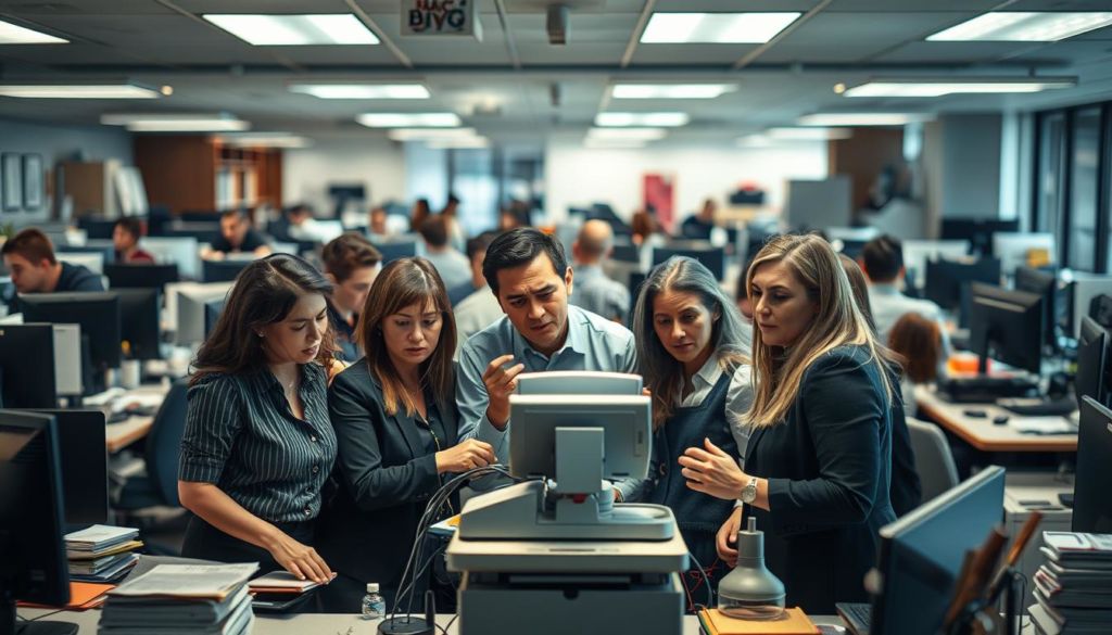 A bustling office interior, with desks, computers, and office supplies scattered around. In the foreground, a group of frustrated employees huddle around a broken cash register, their expressions conveying the common challenges of implementing a new commercial automation system. The lighting is harsh, casting harsh shadows that highlight the tension in the room. The background blurs, emphasizing the focal point of the issue at hand. The overall scene evokes a sense of disorganization and the need for better planning and execution when implementing new technology in a commercial setting.