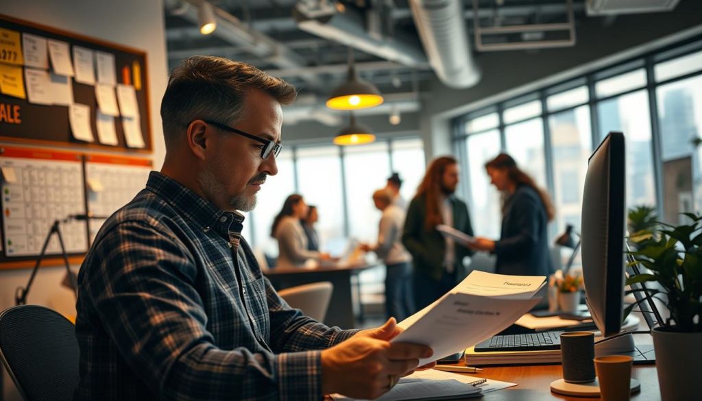 A bustling office scene, its warm lighting casting a cozy glow. In the foreground, a franchisee reviews financial documents, brow furrowed in concentration. Around them, the trappings of successful franchise management - a well-organized desk, a bulletin board filled with schedules and checklists, and a computer monitor displaying performance metrics. In the middle ground, employees collaborate, discussing strategies and planning next steps. The background reveals a modern, open-concept workspace, its large windows offering a glimpse of the cityscape beyond. An atmosphere of diligence and teamwork permeates the scene, capturing the essence of effective franchise oversight.