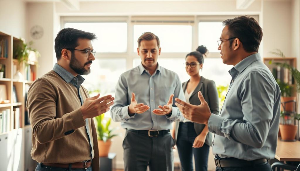 A bustling office scene unfolds, with a mediator standing between two colleagues engaged in a heated discussion. The bright, airy room is bathed in warm, natural light, casting soft shadows that hint at the tension in the air. The mediator's calm, composed demeanor contrasts with the gesticulating hands and furrowed brows of the disputants, creating a sense of balance and resolution. Bookshelves and potted plants in the background suggest a professional, yet welcoming environment, where conflicts can be navigated with care and understanding. The overall atmosphere conveys a sense of professionalism, empathy, and a commitment to finding common ground.