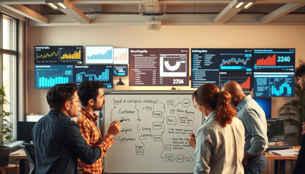 A bustling office scene, where challenges of recurring sales are personified. In the foreground, a sales team huddles around a whiteboard, brainstorming strategies to overcome obstacles like customer churn, price sensitivity, and stagnant growth. The middle ground features various digital screens displaying sales data, KPIs, and customer insights - a visual representation of the analytical aspects of recurring revenue. In the background, the office is bathed in a warm, natural light, creating a sense of focus and determination. The overall mood is one of problem-solving, with the team working collaboratively to uncover innovative solutions to drive continued business success.