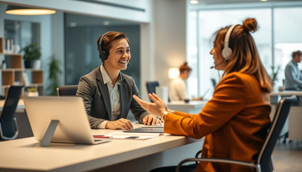A bustling office scene, with a customer service representative sitting at a sleek, modern desk, engaged in a friendly dialogue with a client. Warm, diffused lighting casts a professional yet approachable glow, highlighting the representative's attentive expression and the client's open, collaborative posture. In the background, a neatly organized workspace with subtle design elements conveys a sense of efficiency and attention to detail. The composition emphasizes the dynamic interaction between the two figures, capturing the essence of effective client communication.