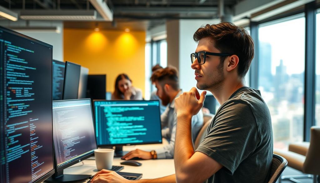 A bustling office scene with a team of developers intently focused on their computer screens, lines of code and debugging tools visible. In the foreground, a programmer in a casual t-shirt is deep in thought, a cup of coffee by their side. The middle ground features a diverse group collaborating, gesturing animatedly as they tackle complex challenges. The background shows a modern, well-lit workspace with sleek furniture and large windows overlooking a vibrant cityscape. The overall mood is one of determined problem-solving, with a sense of teamwork and camaraderie as the team works to surmount the obstacles of creating an efficient chatbot powered by natural language processing.