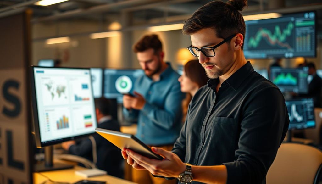 A bustling office scene, with a team of professionals engaged in the use of cutting-edge technology for client prospecting. In the foreground, a sales representative examines a sleek tablet, analyzing customer data and insights. In the middle ground, a designer collaborates with an analyst, their screens displaying intricate graphs and visualizations. The background is filled with the soft glow of computer monitors, creating a subdued, focused atmosphere. Warm, directional lighting illuminates the space, casting subtle shadows and highlighting the concentration on the team's faces. The overall composition conveys the seamless integration of technology and human expertise, empowering the prospecting process.