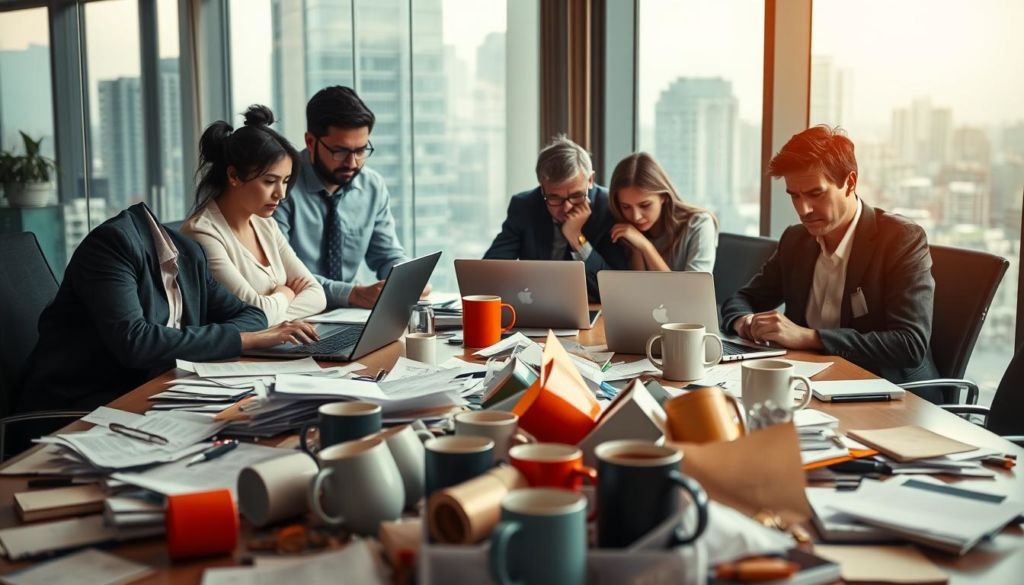 A bustling office scene, with a team of professionals gathered around a conference table. In the foreground, a jumble of papers, laptops, and coffee mugs clutter the tabletop, representing the common pitfalls of cross-selling. The middle ground features the team members, each absorbed in their own tasks, their faces reflecting a mix of confusion and frustration. In the background, a window overlooks a cityscape, hinting at the larger business landscape and the need to optimize cross-selling strategies. The lighting is warm and slightly muted, creating a sense of intensity and focus. The overall composition conveys the challenges and obstacles often encountered in effective cross-selling implementation.