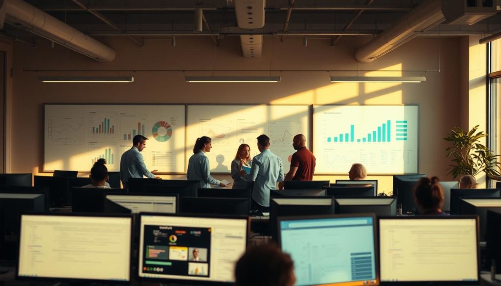 A bustling office scene with a team of professionals meticulously collecting data. Rows of desks and computer screens fill the foreground, while behind them, a large whiteboard displays charts and graphs. Warm, diffused lighting casts a contemplative atmosphere, as the researchers pore over spreadsheets and exchange ideas. In the middle ground, a group gathers around a central table, intently discussing their findings. The background features a wall of windows, allowing natural light to stream in and casting long shadows across the room. The overall mood is one of focused concentration, as the team works diligently to uncover valuable insights from the data they have gathered.