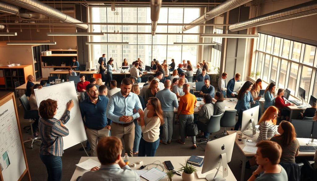 A bustling office scene, with employees collaborating at desks and in meeting rooms. The space is bathed in warm, natural light from large windows, creating a sense of openness and productivity. In the foreground, a group brainstorms ideas on a whiteboard, their faces animated with enthusiasm. In the middle ground, colleagues engage in lively discussions, gesturing animatedly. In the background, the office hums with activity, people moving purposefully between workstations. The overall atmosphere conveys a strong organizational culture, where teamwork, innovation, and a shared sense of purpose are palpable.