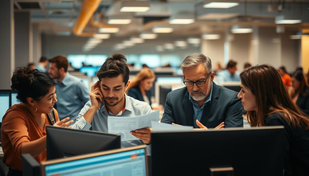 A bustling office scene with marketing professionals navigating the challenges of their work. In the foreground, a team huddles around a computer screen, gesturing animatedly as they discuss strategies. In the middle ground, a harried executive pores over reports, brow furrowed in concentration. The background is a blur of activity, with colleagues rushing between cubicles and the occasional ringing phone punctuating the air. Warm, overhead lighting casts a soft glow, creating an atmosphere of intense focus and determination as the team tackles the complexities of modern marketing.