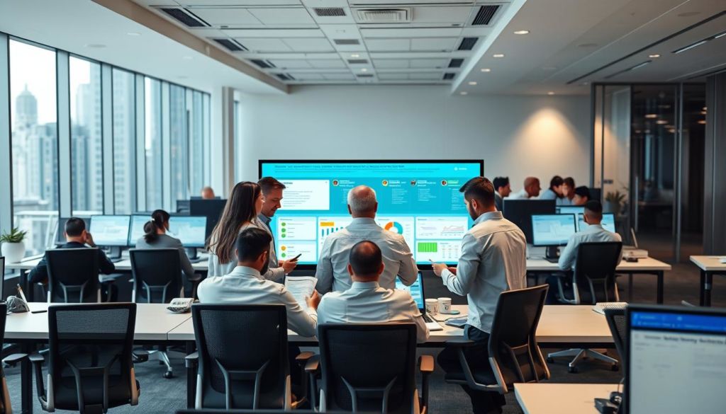A bustling office scene, with sleek workstations and ergonomic chairs arranged in neat rows. The lighting is soft and diffused, creating a harmonious, productive atmosphere. In the foreground, a group of professionals, each representing a distinct customer segment, huddle around a large touchscreen display, analyzing customer data and segmentation insights. Behind them, a vibrant timeline visualization tracks the customer journey, highlighting key touchpoints and behaviors. The middle ground features a team of analysts poring over detailed reports, while the background showcases a modern, minimalist office space with large windows overlooking a bustling cityscape. The overall mood is one of efficiency, collaboration, and data-driven decision-making.