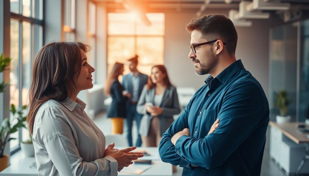 A bustling office setting, illuminated by warm, natural lighting filtering through large windows. In the foreground, two colleagues engaged in a thoughtful discussion, their body language suggesting a collaborative, problem-solving approach to resolving a conflict. The middle ground showcases a diverse team working together, their expressions conveying a sense of understanding and mediation. In the background, a modern, minimalist workspace with clean lines and neutral tones, creating a calming, professional atmosphere. The overall scene embodies the principles of effective conflict management, emphasizing open communication, empathy, and a focus on finding mutually beneficial solutions.