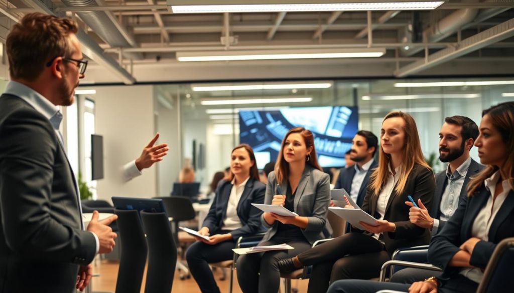 A bustling office setting, with a group of sales professionals engaged in a dynamic training session. The foreground features a confident instructor standing at the front of the room, gesturing animatedly as they guide the attentive trainees. The middle ground showcases the trainees, each with a focused expression, taking notes and actively participating in the session. The background depicts a modern, well-lit workspace with sleek furniture and digital displays, creating a professional and inspiring atmosphere. The overall scene conveys a sense of productivity, collaboration, and a commitment to developing the skills of the sales team.