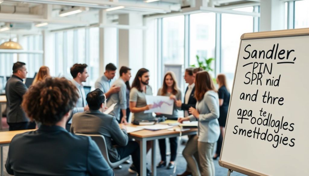A bustling office setting, with a whiteboard displaying the titles "Sandler, SPIN and Other Methodologies" in the foreground. In the middle ground, a group of sales professionals engaged in a lively discussion, using various materials and diagrams to illustrate their sales strategies. The background features a modern, minimalist decor with large windows, allowing natural light to create a vibrant atmosphere. The scene is captured with a medium-wide angle lens, emphasizing the collaborative nature of the setting. The overall mood is one of dynamic, forward-thinking sales practices, with a touch of professionalism and innovation.