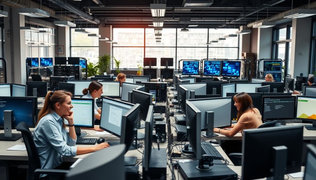 A bustling office setting, with rows of desks and computers, showcasing the successful implementation of commercial automation systems. The foreground features happy, productive employees diligently working, while the middle ground showcases various hardware and software components integrated seamlessly. The background depicts a modern, well-lit workspace with large windows, allowing natural light to flood the room, creating a warm and inviting atmosphere. The scene conveys a sense of efficiency, innovation, and the positive impact of automation on business operations. Captured with a wide-angle lens to capture the full scope of the setup, the image aims to inspire and inform readers about the potential for success in commercial automation.