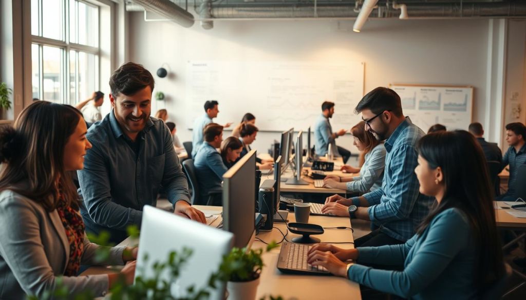 A bustling office setting, with teams of professionals collaborating at their desks amid the hum of activity. The space is bathed in warm, natural lighting, casting a soft glow across the scene. In the foreground, a group of colleagues engaged in a lively discussion, their faces animated as they exchange ideas. In the middle ground, coworkers types away at their computers, their focus intense yet thoughtful. In the background, a large whiteboard displays a timeline and metrics, reflecting the evolution of the organization's culture over time. The atmosphere is one of productivity, innovation, and a shared sense of purpose, as the company's values and practices adapt to the changing tides of the business landscape.