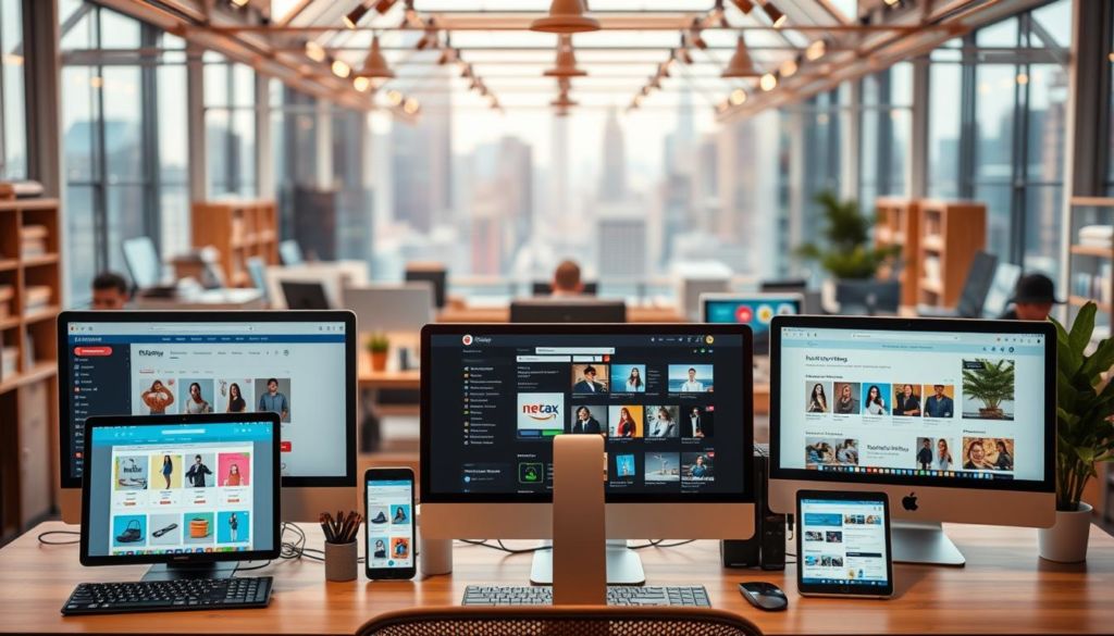 A bustling online marketplace with a sleek, modern design. In the foreground, various e-commerce platforms are displayed on stylish computer screens and mobile devices, showcasing their intuitive interfaces and user-friendly features. The middle ground features a clean, minimalist workspace with desk accessories and a cozy ambiance, hinting at the ease of setting up an online shop. The background features a blurred cityscape, suggesting the global reach and opportunities of online sales. Warm, natural lighting illuminates the scene, creating a sense of productivity and success. The overall tone is professional, innovative, and inspiring, reflecting the potential of online sales platforms to empower entrepreneurs and small businesses.