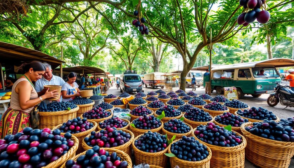 A bustling open-air market in the heart of the Amazon, stalls brimming with fresh, vibrant açaí berries. Woven baskets overflow with the deep purple fruits, their rich hues a feast for the eyes. In the foreground, vendors in traditional garb expertly weigh and package the berries, their skilled hands moving with practiced precision. The middle ground reveals a network of distribution channels - trucks, motorbikes, and even small boats ferrying the precious cargo to nearby cities and towns. In the background, a lush, verdant canopy of jungle foliage sets the scene, dappled sunlight filtering through the leaves. An atmosphere of hustle and commerce, yet grounded in the rhythms of the natural world. A harmonious interplay of human industry and the bountiful Amazon ecosystem.