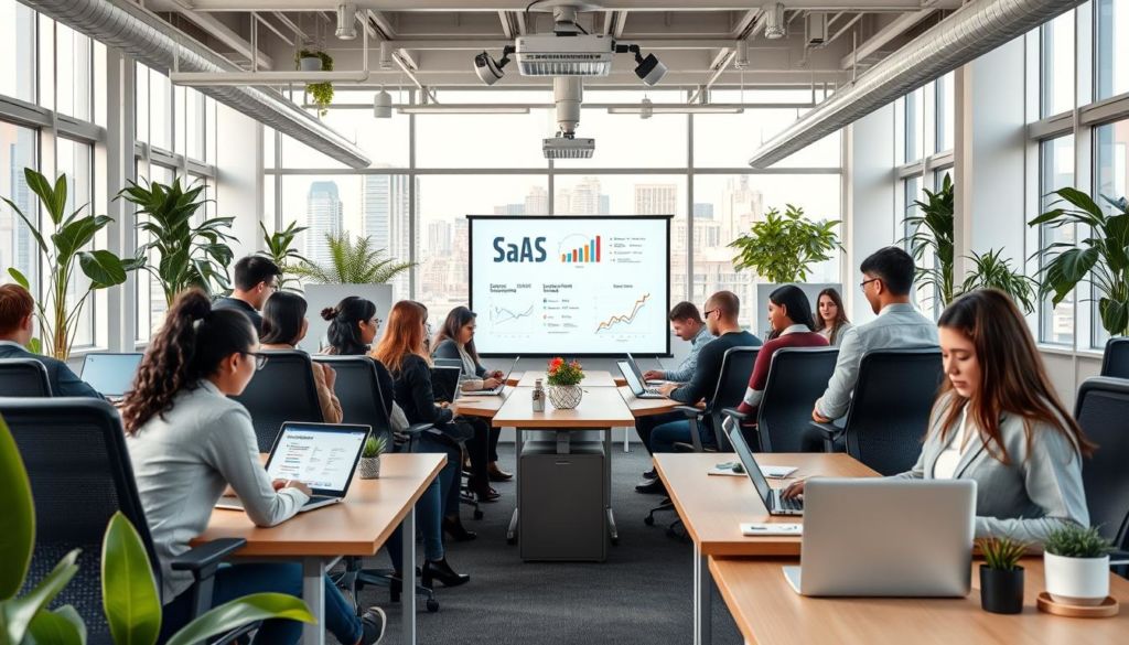 A bustling open-office workspace with ergonomic desks and chairs, potted plants, and large windows allowing natural light to fill the room. In the foreground, a group of diverse professionals, each engrossed in their SaaS-related tasks on sleek laptops and tablets. In the middle ground, a central projector screen displays a series of demographic graphs and market segmentation data. The background features a vibrant city skyline, hinting at the broader market opportunities beyond the confines of this focused workspace. The overall atmosphere is one of concentration, collaboration, and a shared sense of purpose in understanding and serving their target SaaS customer base.