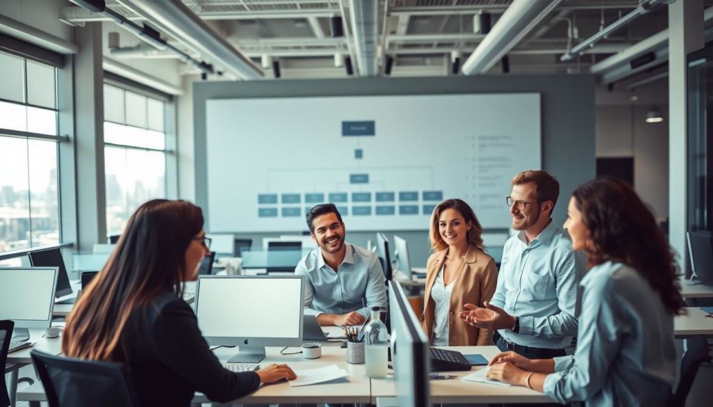 A bustling open-plan office, with sleek, modern workstations and vibrant lighting. In the foreground, a group of diverse professionals engaged in a collaborative discussion, their body language and expressions conveying a sense of effective organizational leadership. Behind them, a large, inspirational wall display features a graphic representation of a hierarchical structure, symbolizing the strategic direction and cohesive management of the team. Through a panoramic window, the cityscape beyond suggests a thriving, dynamic business environment. The overall scene radiates a mood of efficiency, synergy, and a shared commitment to organizational success.