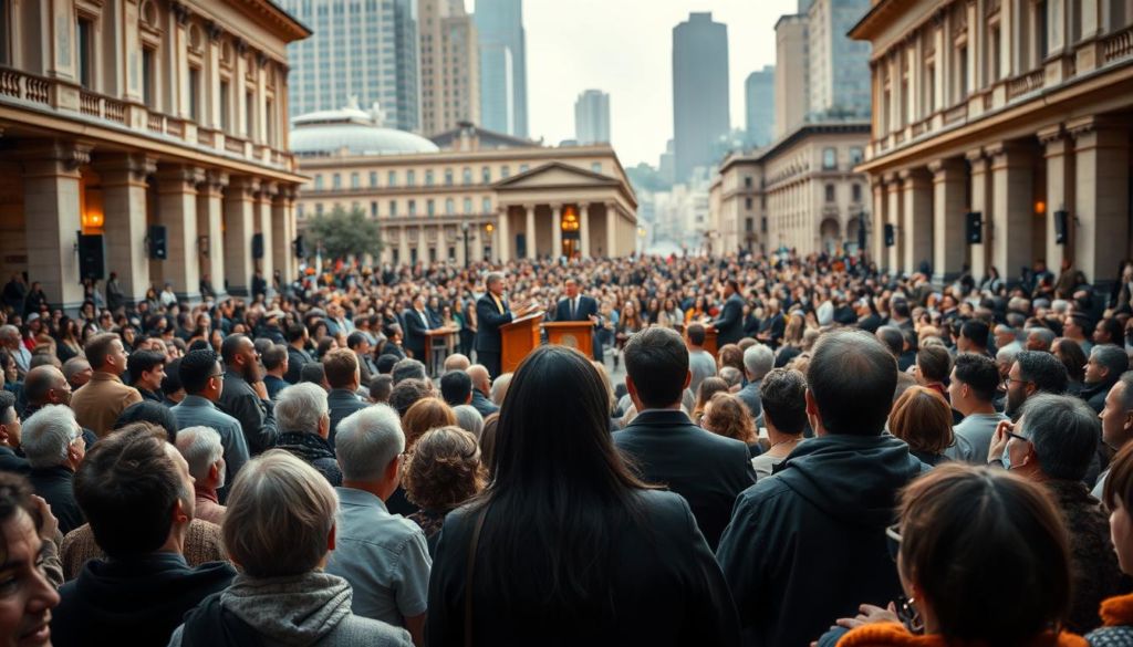 A bustling public debate taking place in a grand town square, with a central stage and podium surrounded by rows of audience members. The speakers on stage are engaged in impassioned discussion, their gestures and expressions conveying the intensity of the debate. In the foreground, people from diverse backgrounds listen attentively, their faces illuminated by the warm glow of natural lighting. The middle ground features architectural elements, such as columns and arches, adding a sense of historical significance to the scene. The background is blurred, yet suggests the presence of towering buildings, hinting at the urban setting. The overall atmosphere is one of civic engagement, intellectual discourse, and the vibrant exchange of ideas.