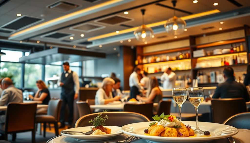 A bustling restaurant interior with modern decor and warm lighting. In the foreground, a table setting with a creative food presentation, garnished with fresh herbs and edible flowers. In the middle ground, a waiter in a crisp uniform serving a group of diners, their faces animated in conversation. The background features an open kitchen, chefs expertly plating dishes, and a bar area with a mixologist crafting specialty cocktails. The atmosphere exudes a sense of vibrant energy, inviting the viewer to experience the sophisticated marketing strategies that elevate this dining establishment.
