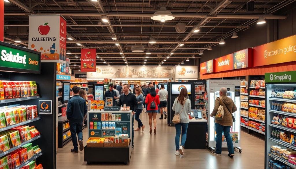 A bustling retail environment with various trade marketing techniques on display. In the foreground, a well-designed product display with eye-catching signage and branding. In the middle ground, shoppers interacting with interactive kiosks and sampling stations. The background showcases creative in-store promotions, such as themed endcaps and promotional banners. Warm, inviting lighting casts a warm glow, and the overall scene conveys a sense of dynamic energy and consumer engagement. Captured with a wide-angle lens to provide a comprehensive view of the exemplary trade marketing strategies.