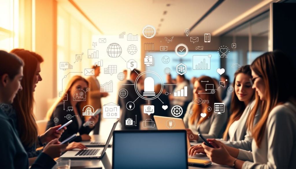 A bustling scene of digital networking and personal branding. In the foreground, a group of professionals engaged in lively conversation, laptops and smartphones in hand, against a backdrop of sleek, minimalist office space. The middle ground features an array of infographic elements, icons, and visual cues signifying the power of collaboration and shared knowledge. In the background, a warm, golden-hued lighting creates a sense of energy and productivity. The overall atmosphere conveys a dynamic, tech-savvy environment where personal brand-building and cross-pollination of ideas thrive.