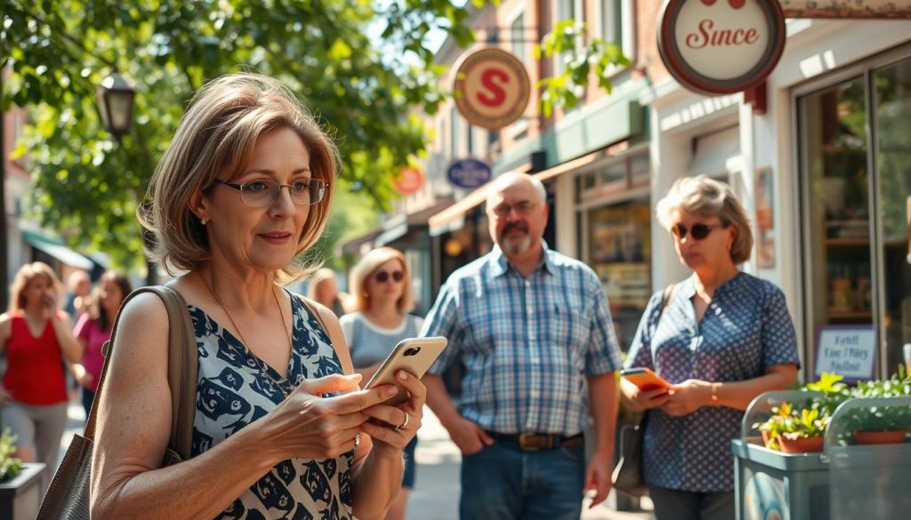 A bustling small town street, sunlight filtering through lush foliage as local business owners interact with customers. In the foreground, a middle-aged woman speaks into her smartphone, utilizing voice search to find information about nearby restaurants. Shopkeepers in the middleground observe, intrigued by this new technology. In the background, quaint storefronts line the street, their signage and displays reflecting the vibrant community. The scene conveys a sense of progress and modernization seamlessly blending with the charm of a local neighborhood.