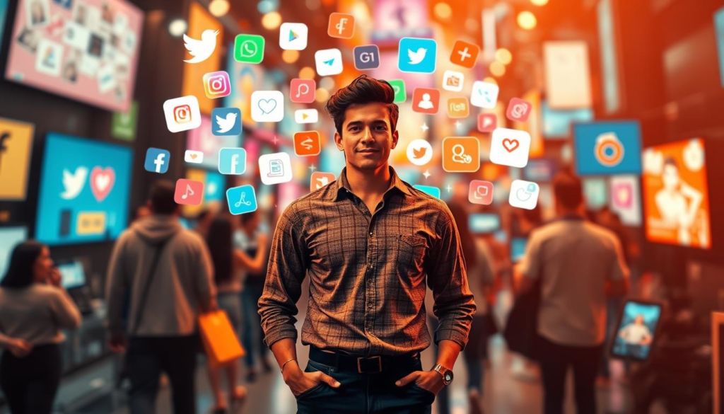 A bustling social media landscape, with a central figure representing an influential online personality. They stand confidently, surrounded by various digital devices and platforms, reflecting the interconnected nature of modern marketing. The foreground is crisp and detailed, drawing the viewer's attention to the influencer's engaging presence. The middle ground features a collage of vibrant social media icons, logos, and trending hashtags, conveying the dynamic and multifaceted nature of influence-driven marketing. The background is softly blurred, creating a sense of depth and emphasizing the focus on the influential figure. Warm lighting and a captivating color palette evoke a sense of energy and digital connectivity, perfectly encapsulating the essence of "marketing de influência."