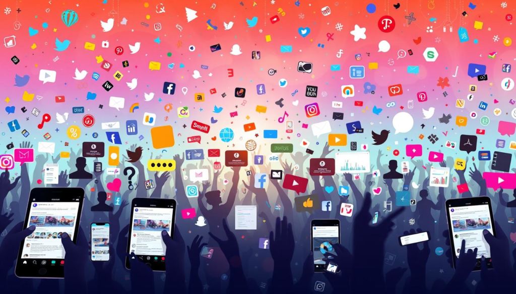 A bustling social media landscape, with various platforms represented as colorful, abstract shapes and symbols floating in a vibrant, gradient-filled sky. In the foreground, sleek smartphones and tablets display dynamic feed updates, while in the middle ground, a diverse array of user avatars, icons, and interface elements dance across the screen. The background is a kaleidoscope of trending hashtags, viral memes, and cascading data streams, all bathed in a warm, techno-futuristic glow. The overall composition conveys the energetic, ever-evolving nature of social media, ready to be harnessed for online course marketing and sales.