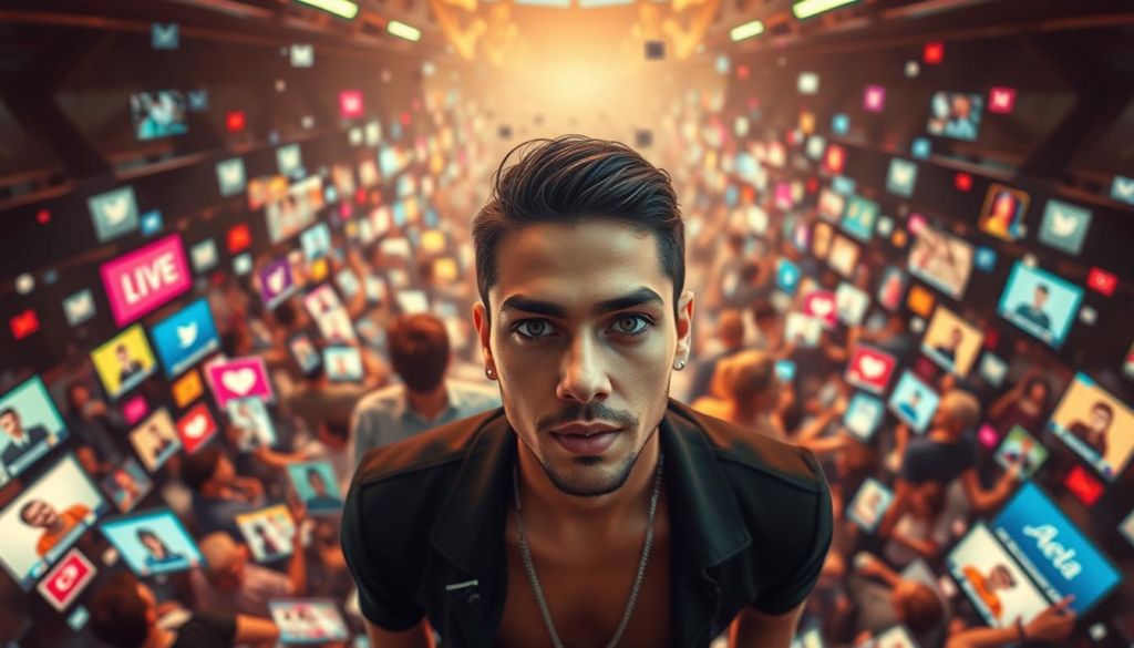 A bustling social media platform, its digital landscape ablaze with vibrant icons and scrolling feeds. In the foreground, a stylized portrait of a charismatic influencer, their gaze captivating and magnetic. Surrounding them, a symphony of likes, comments, and shares, the tangible manifestation of their online sway. In the middle ground, a kaleidoscope of diverse profiles, each a unique node in the intricate web of social connections. The background, a hazy, tech-infused realm, pulsing with the ever-evolving algorithms that shape the digital realm. Warm, diffused lighting casts a subtle glow, accentuating the sense of influence and authority. Captured with a wide-angle lens to convey the expansive, far-reaching impact of social media influencers.
