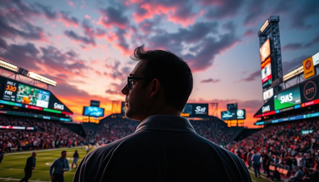 A bustling sports stadium at dusk, the players' silhouettes casting long shadows across the field. In the foreground, a marketing executive gazes pensively, surrounded by a whirlwind of digital screens, data visualizations, and strategizing teams. The middle ground features a diverse crowd of spectators, their excitement palpable as they engage with interactive displays and branded merchandise. The background is a kaleidoscope of towering billboards, neon-lit signage, and the ever-evolving landscape of modern sports marketing. Vibrant colors, dynamic lighting, and a sense of tension and opportunity define this scene, capturing the multifaceted challenges and opportunities of the sports marketing industry.