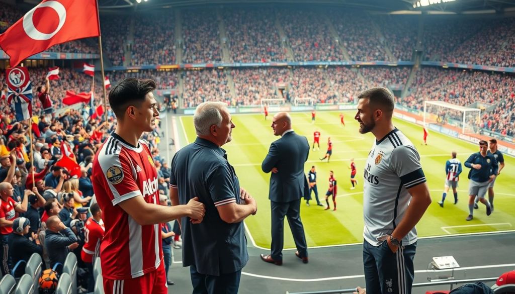 A bustling stadium scene showcasing the vibrant partnerships that define the world of football. In the foreground, two team captains shake hands, their jerseys emblazoned with the logos of prominent brands. Behind them, fans in the stands wave flags and banners, their enthusiasm palpable. In the middle ground, executives from various corporations converse, discussing potential sponsorship deals that could elevate the sport's commercial appeal. The background is a panoramic view of the pitch, where players from both teams engage in a tightly contested match, their movements captured in a dynamic, cinematic style. The overall atmosphere exudes a sense of collaboration, excitement, and the powerful influence of branding in the world of football.