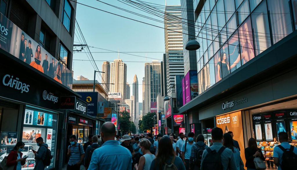 A bustling street scene with a seamless blend of digital and physical elements, showcasing the essence of "omnicanalidade". In the foreground, a group of people immersed in their mobile devices, while others engage in face-to-face interactions. The middle ground features a mix of traditional storefronts and digital screens displaying product information and promotions. In the background, a vibrant urban landscape with towering skyscrapers and a network of overhead cables, symbolizing the interconnectedness of online and offline worlds. The lighting is a warm blend of natural sunlight and the glow of digital displays, creating a dynamic and inviting atmosphere. The camera angle is slightly elevated, capturing the harmonious integration of the physical and digital realms.