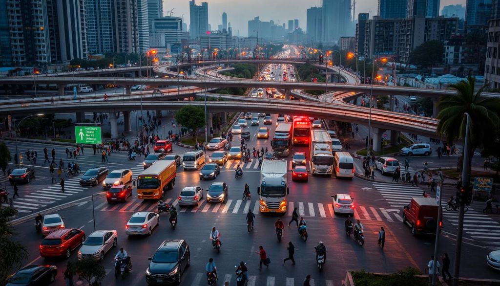 A bustling urban intersection with a diverse array of traffic sources. In the foreground, cars, trucks, and motorcycles navigate a busy crossroads, their headlights and taillights creating a dynamic light display. In the middle ground, pedestrians cross the streets, some waiting at the curb for the light to change. In the background, a network of roads, bridges, and high-rise buildings convey a sense of a thriving metropolis. The scene is illuminated by a warm, golden glow from streetlamps, casting long shadows and creating a sense of depth and atmosphere. The overall composition suggests the idea of a 'traffic ecosystem' - a complex, interconnected system of movement and activity.