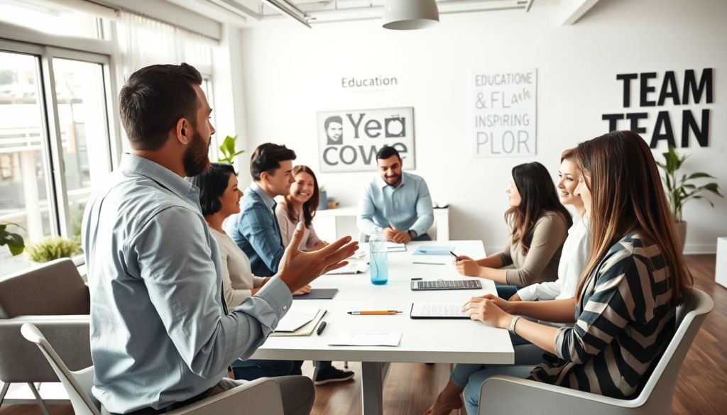 A bustling, well-equipped training room, with an attentive group of professionals gathered around a central table. Bright, natural lighting filters through large windows, casting an energetic glow on the scene. In the foreground, a skilled facilitator gestures animatedly, engaging the team in an interactive learning exercise. The middle ground features team members actively collaborating, exchanging ideas and taking notes. The background subtly depicts the office environment - sleek, modern furniture, and inspiring wall decor that reinforces the theme of "Education and Team Training". An atmosphere of focus, curiosity, and professional growth permeates the entire frame.