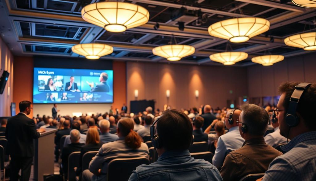 A busy event venue with a hybrid setup. In the foreground, a presenter stands at a podium, delivering a speech to a seated audience in the middle ground. Scattered throughout are attendees wearing headsets, engaged in virtual conversations. The background features a large video wall displaying live-streamed content, complemented by overhead lighting fixtures that cast a warm, professional glow. The scene conveys the seamless integration of physical and digital elements, capturing the essence of a well-orchestrated hybrid event.
